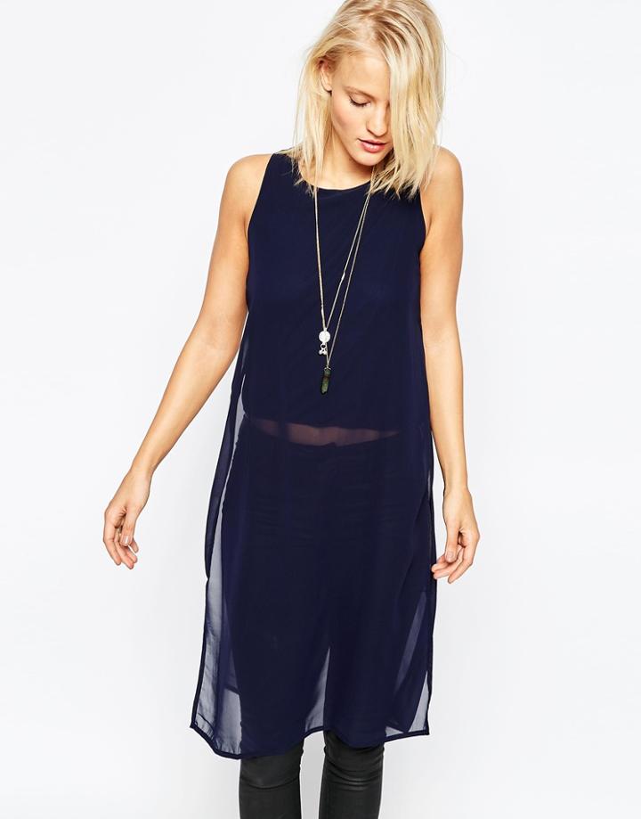 Ax Paris Longline Tunic In Chiffon - Navy