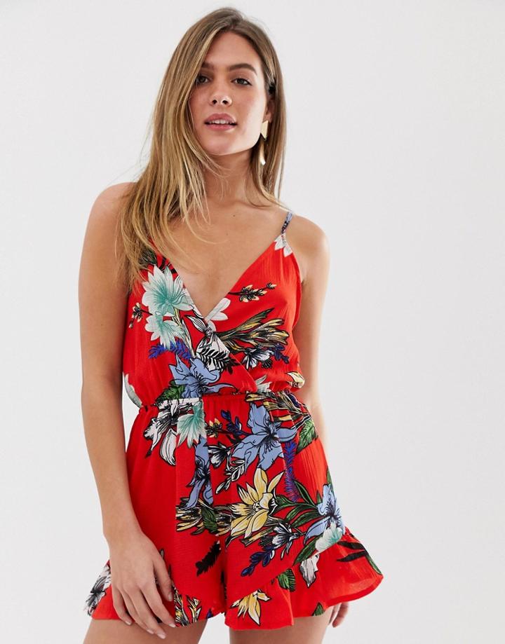 Parisian Cami Strap Romper In Floral Print-red