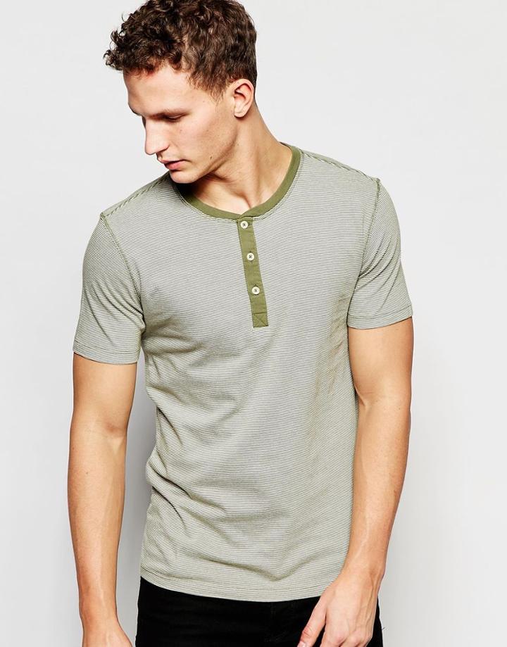 Selected Homme T-shirt With Henley Neck - Four Leaf Clover
