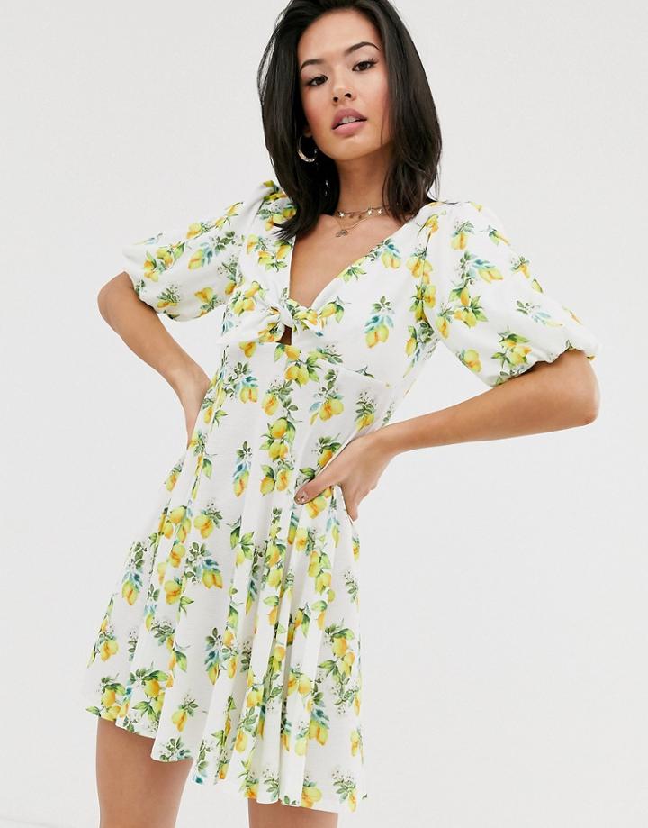 Asos Design Mini Textured Tea Dress With Knot Front In Lemon Print - Multi