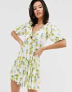 Asos Design Mini Textured Tea Dress With Knot Front In Lemon Print - Multi