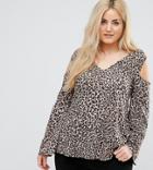 Pink Clove Leopard Cold Shoulder Top With Flare Sleeves - Brown