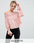 Asos Petite Off Shoulder Top With Shirring - Pink