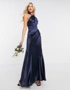 Asos Design Bridesmaid Satin Halter Maxi Dress With Paneled Skirt And Keyhole Detail-navy
