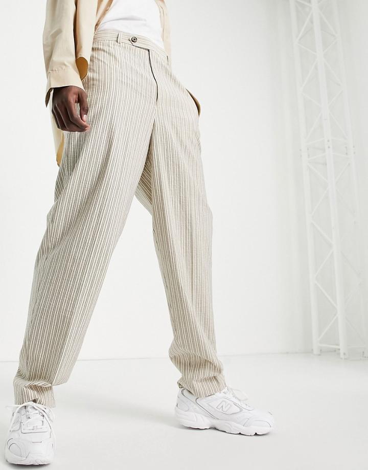 Asos Design High Waist Slim Smart Pant In Cream Seersucker Stripe-white