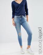 New Look Petite Notch Hem Distressed Skinny Jeans - Navy