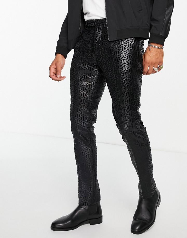 Twisted Tailor Smart Pants In Black With Tonal Geometric Flocking