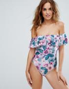 New Look Tropical Bardot Swimsuit - Pink