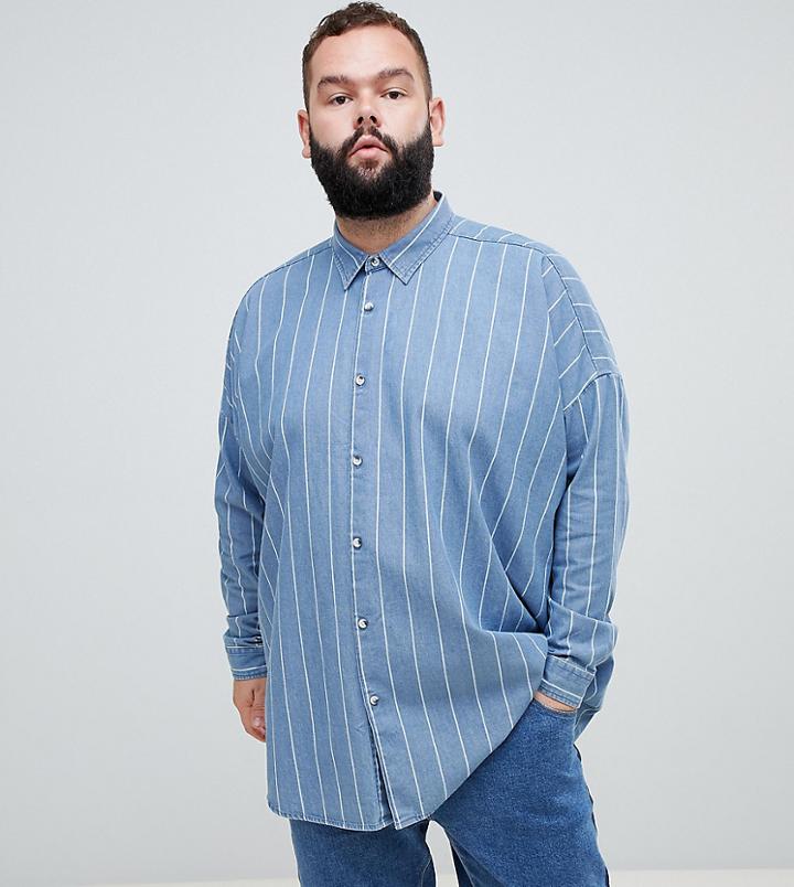 Asos Design Plus Oversized Denim Stripe Shirt With Drop Shoulder - Blue