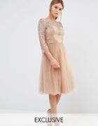 Chi Chi London Bardot Neck Midi Dress With Premium Lace And Tulle Skirt - Deep Tan