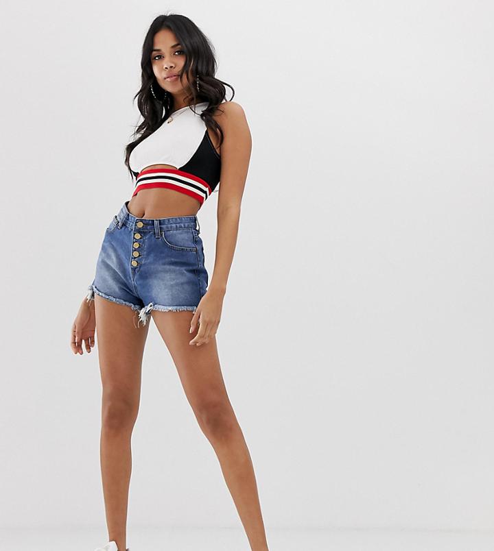 Prettylittlething Denim Shorts With Distressed Hem In Midwash Blue - Blue
