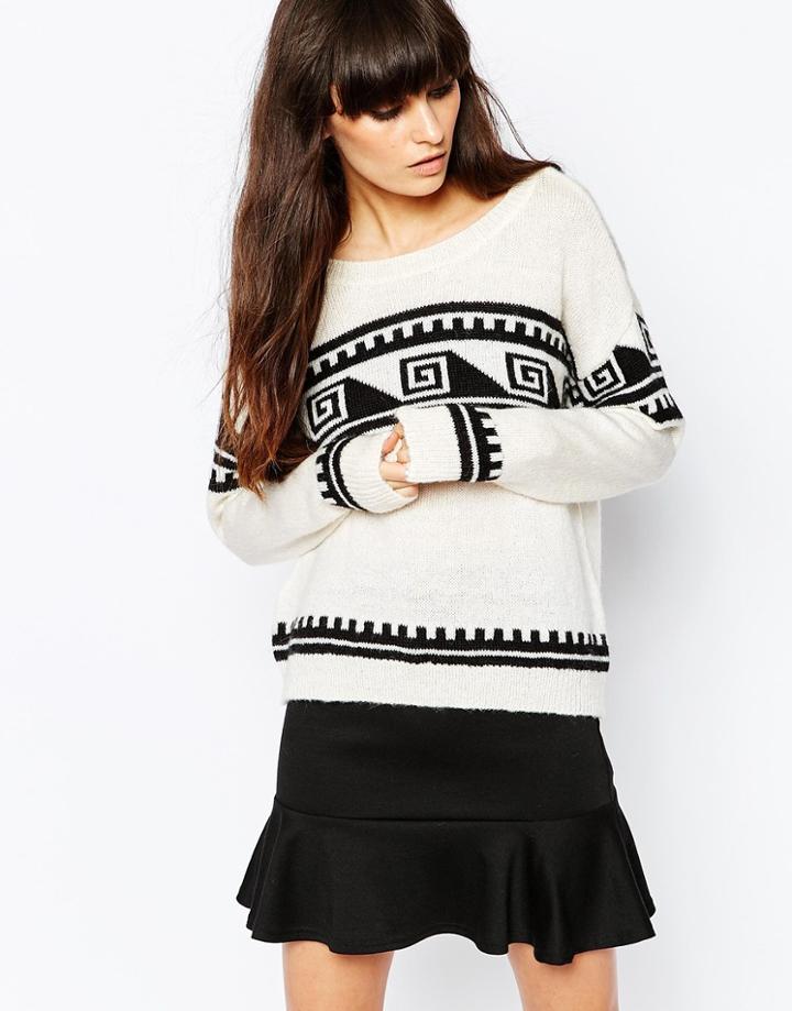 Vero Moda Mono Printed Crew Neck Sweater - Cream