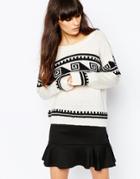 Vero Moda Mono Printed Crew Neck Sweater - Cream