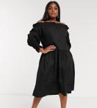 River Island Plus Puff-sleeve Bardot Midi Dress In Black