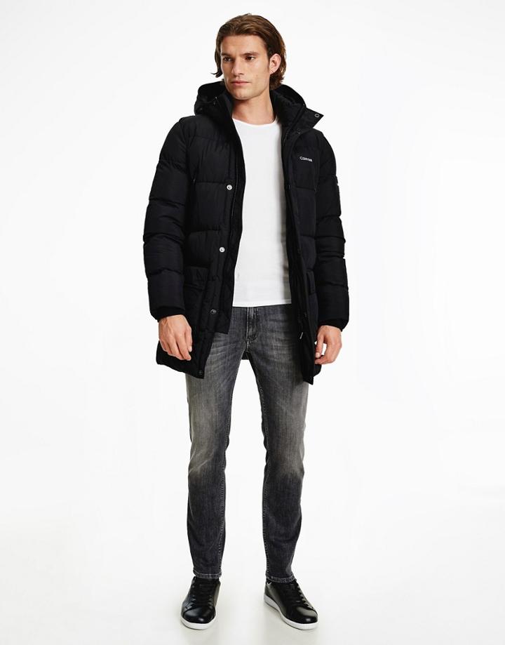 Calvin Klein Longline Crinkle Nylon Hooded Puffer Jacket In Black