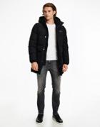 Calvin Klein Longline Crinkle Nylon Hooded Puffer Jacket In Black