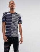 Pull & Bear T-shirt With Striped Detail In Navy Blue - Blue