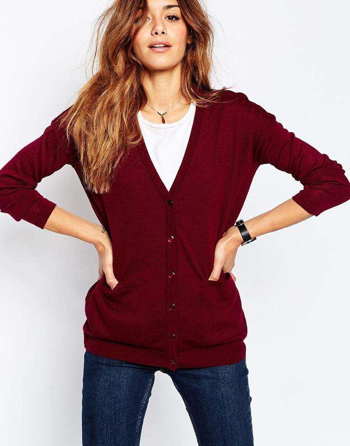 Asos Oversized Cardigan In Fine Knit - Dark Red