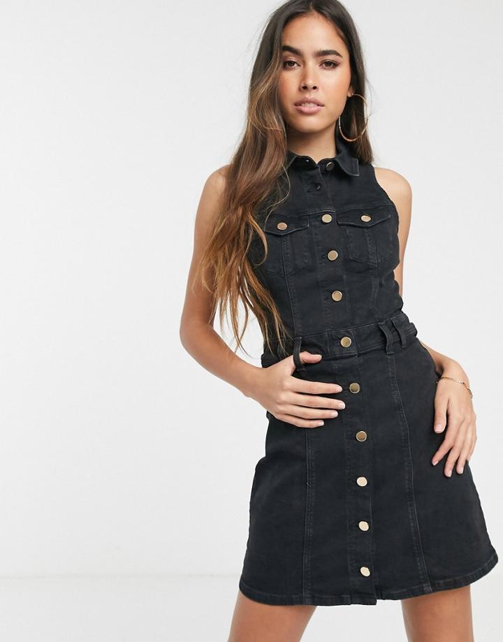 River Island Denim Mini Dress With Pocket Details In Black