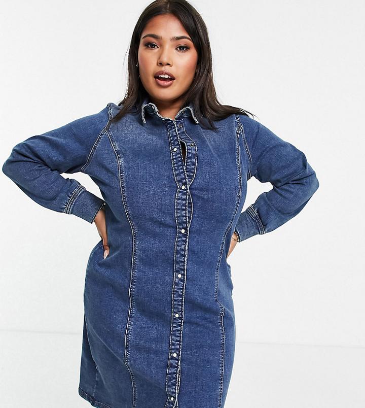 Vero Moda Curve Denim Shirt Dress In Blue-white