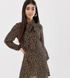 Fashion Union Petite Pussybow Shirt Dress In Floral-black