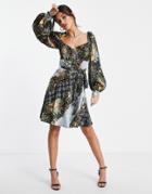 Asos Design Mini Tea Dress With Belt In Mixed Floral Prints-multi
