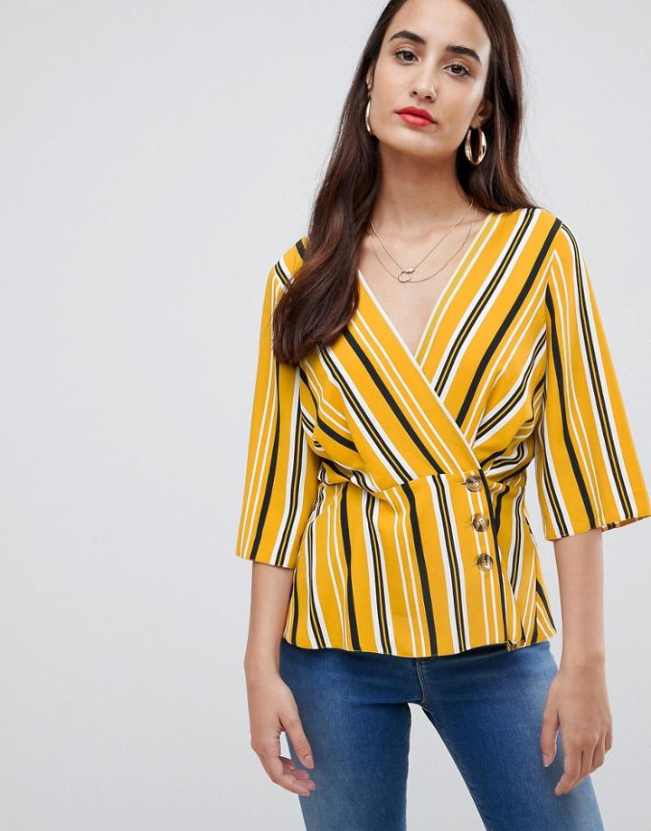 Asos Design Wrap Top With Button Detail In Stripe - Multi