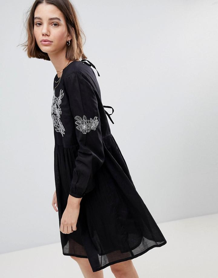 People Tree Smock Dress With Embroidery - Black