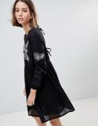 People Tree Smock Dress With Embroidery - Black