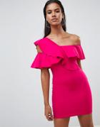 Rare One Shoulder Shoulder Frill Mini Dress - Pink