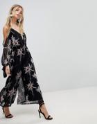 Asos Jumpsuit With Cold Shoulder In Dark Floral Print-multi