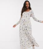 Asos Design Maternity Long Sleeve Square Neck Shirred Maxi Dress In Floral Print-multi