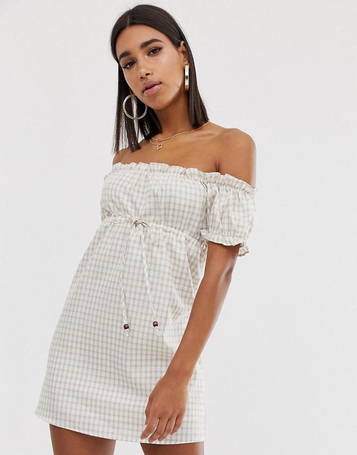 Fashion Union Bardot Mini Dress In Gingham - Beige