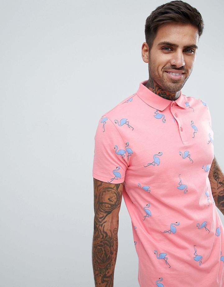 Asos Design Polo With All Over Flamingo Print - Pink