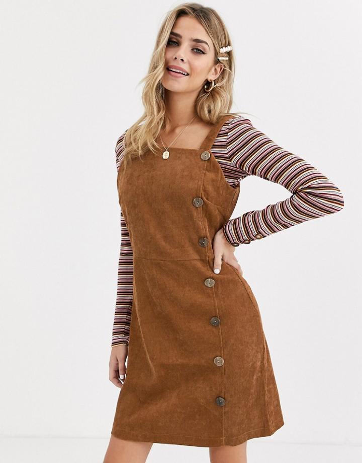 Qed London Button Front Cord Dress In Tan