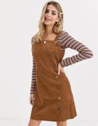 Qed London Button Front Cord Dress In Tan