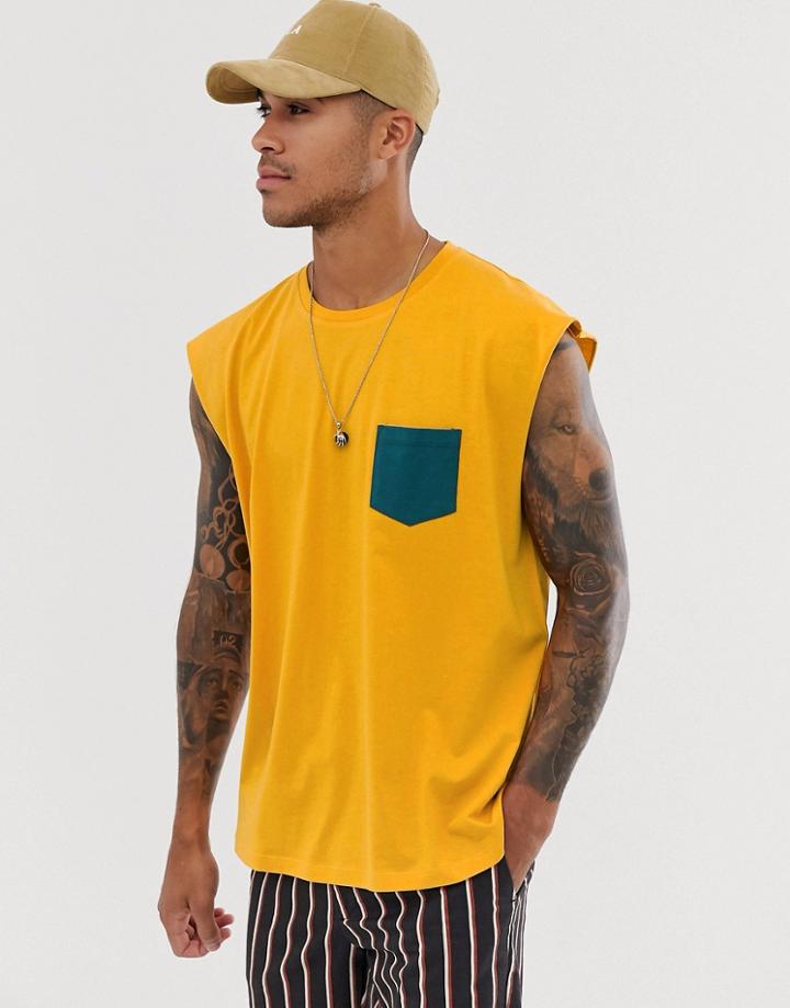 Asos Design Oversized Sleeveless T-shirt With Contrast Pocket In Beige-yellow