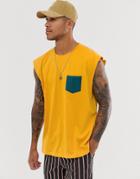 Asos Design Oversized Sleeveless T-shirt With Contrast Pocket In Beige-yellow