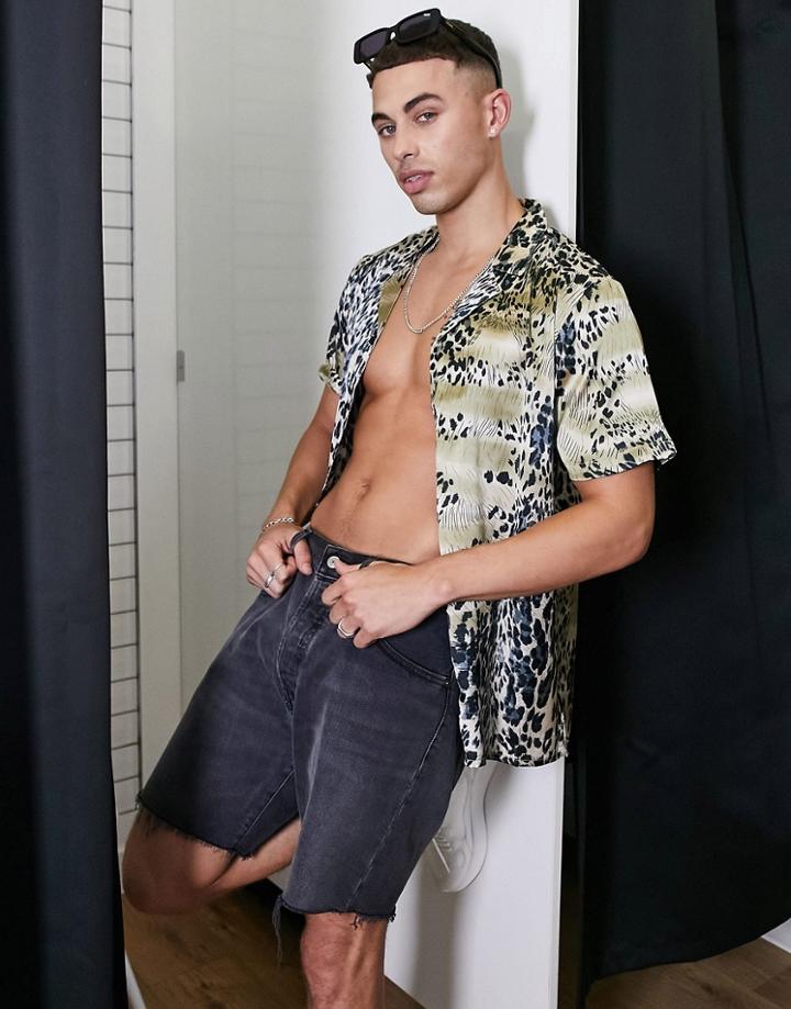 Another Influence Satin Revere Collar Shirt In Animal Print - Part Of A Set-brown