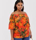 Simply Be Bardot Top In Orange Tropical Print-multi