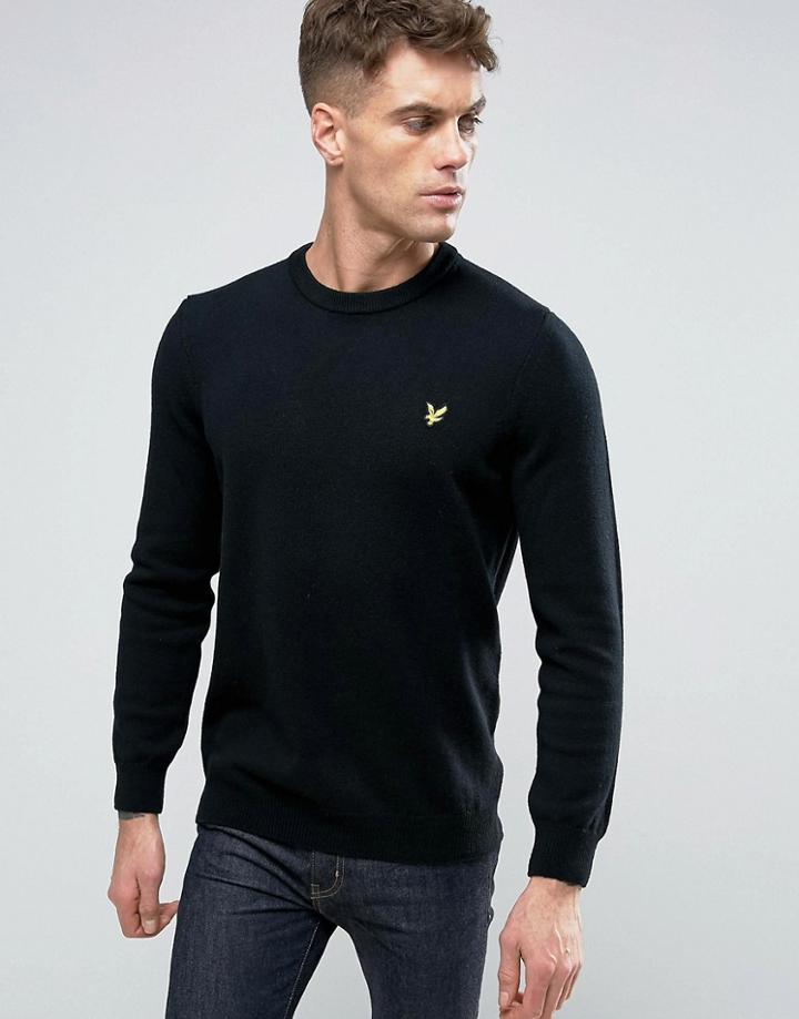 Lyle & Scott Crew Knit Sweater Lambswool Eagle Logo In Black - Black