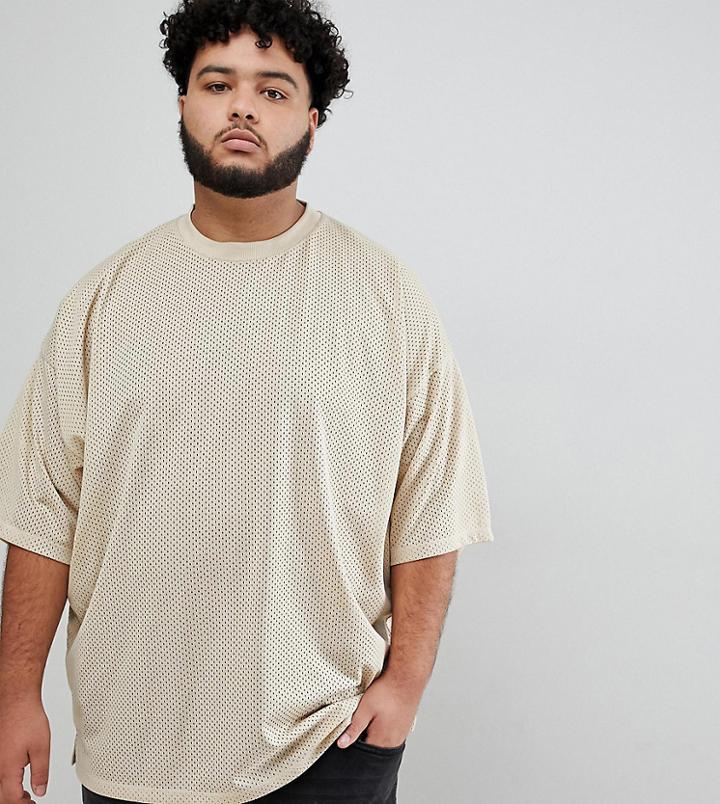 Asos Design Plus Oversized T-shirt With Half Sleeve In Mesh In Beige - Beige