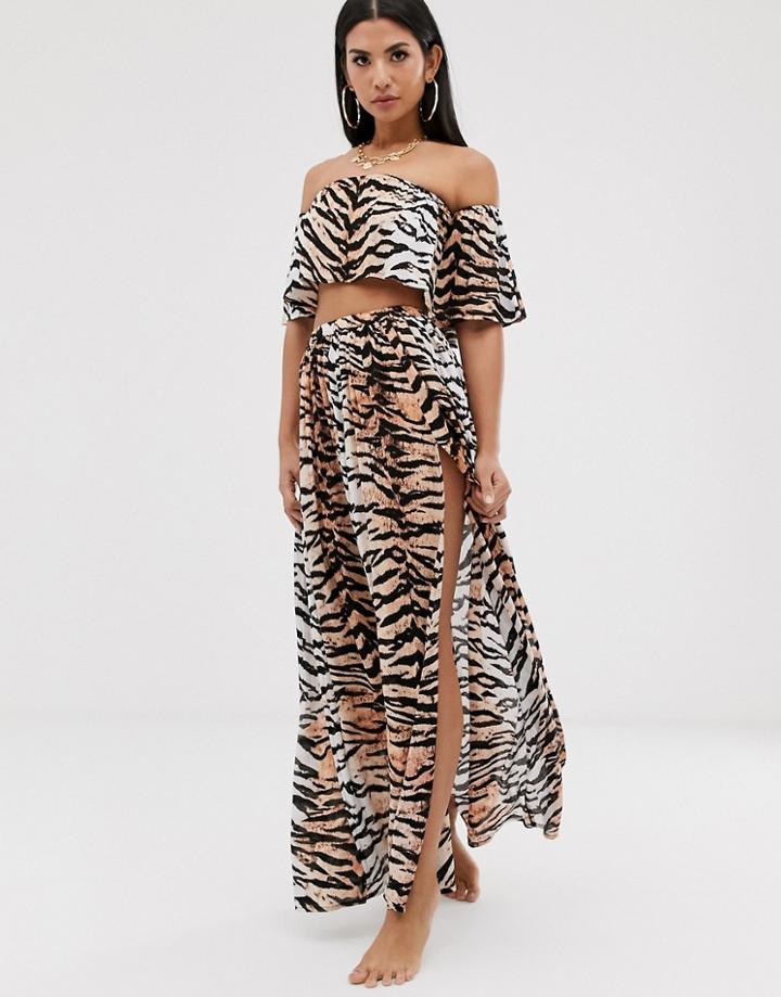 Asos Design Beach Two-piece Maxi Skirt In Natural Tiger Print - Multi