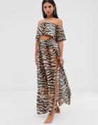 Asos Design Beach Two-piece Maxi Skirt In Natural Tiger Print - Multi