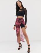 Asos Design Leopard Mesh Twist Front Maxi Skirt With Legging Short-multi