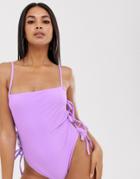Asos Design Square Neck Tie Side Textured Rib Swimsuit In Lilac - Purple