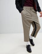 Asos Design Drop Crotch Tapered Smart Pants In Camel Micro Check With Insert Stripe - Beige