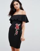 Parisian Off Shoulder Frill Detail Dress With Rose Embroiderry - Black