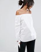 J.o.a Off Shoulder Top With Wide Tie Detail Sleeves - White