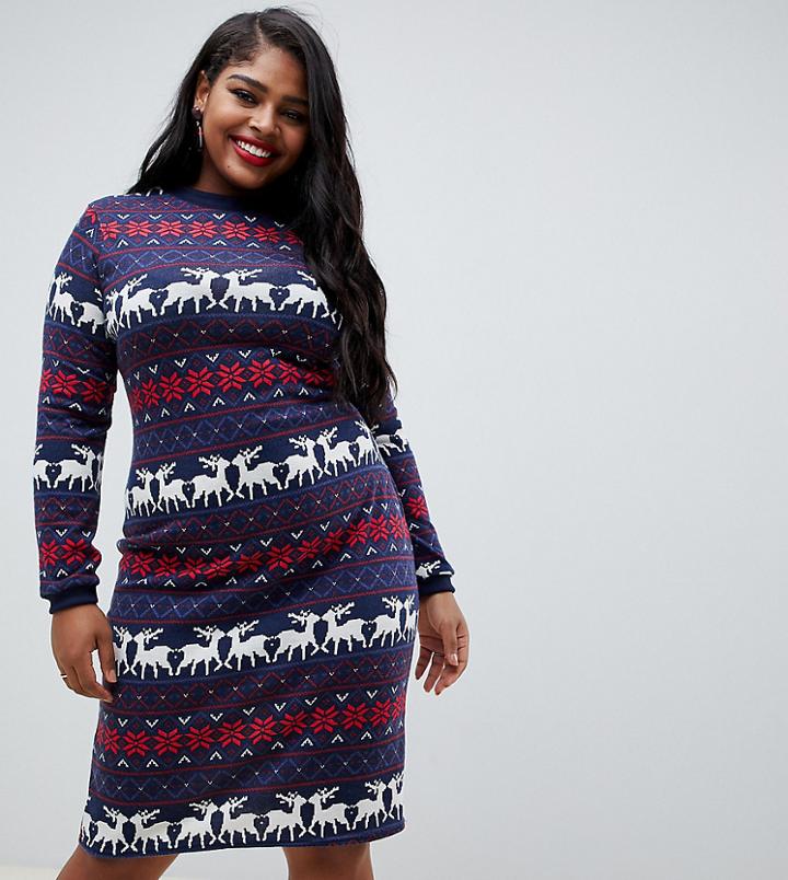 Club L Plus Christmas Fairisle Jersey Dress-navy